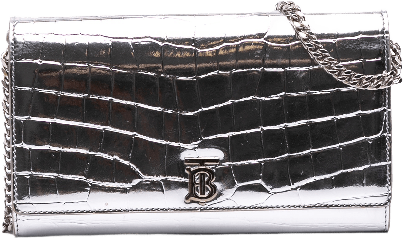 Burberry Croc Embossed Metallic Calfskin Hannah Wallet On Chain, från Luxclusif, i färgen silver.