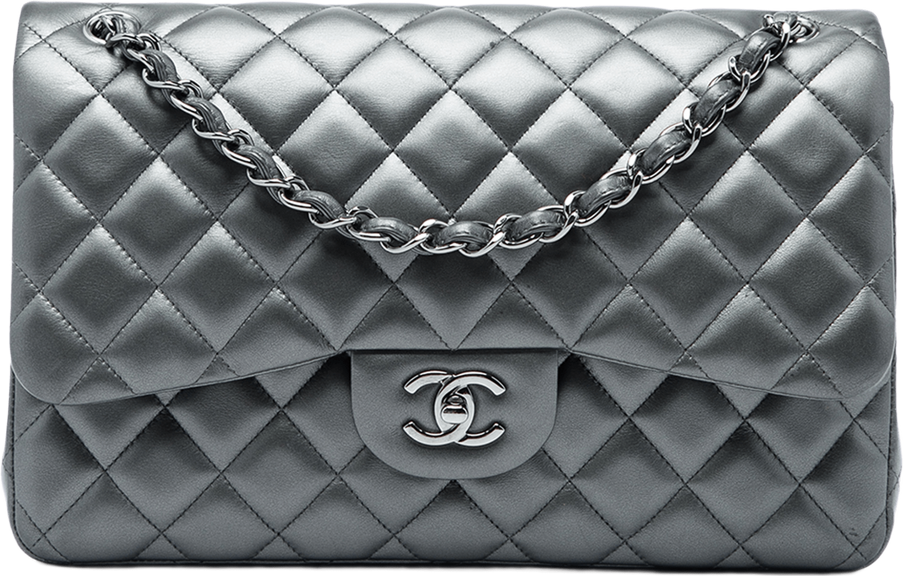 Chanel Jumbo Classic Metallic Lambskin Double Flap, från Luxclusif, i färgen grå.