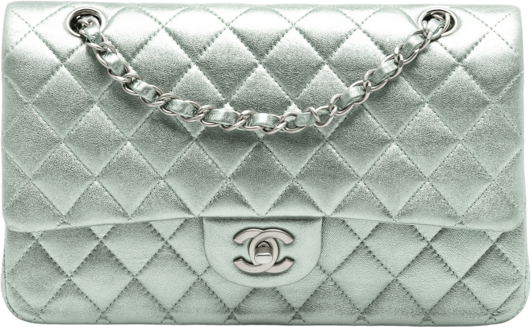 Chanel Medium Classic Metallic Lambskin Double Flap, från Luxclusif, i färgen mint.