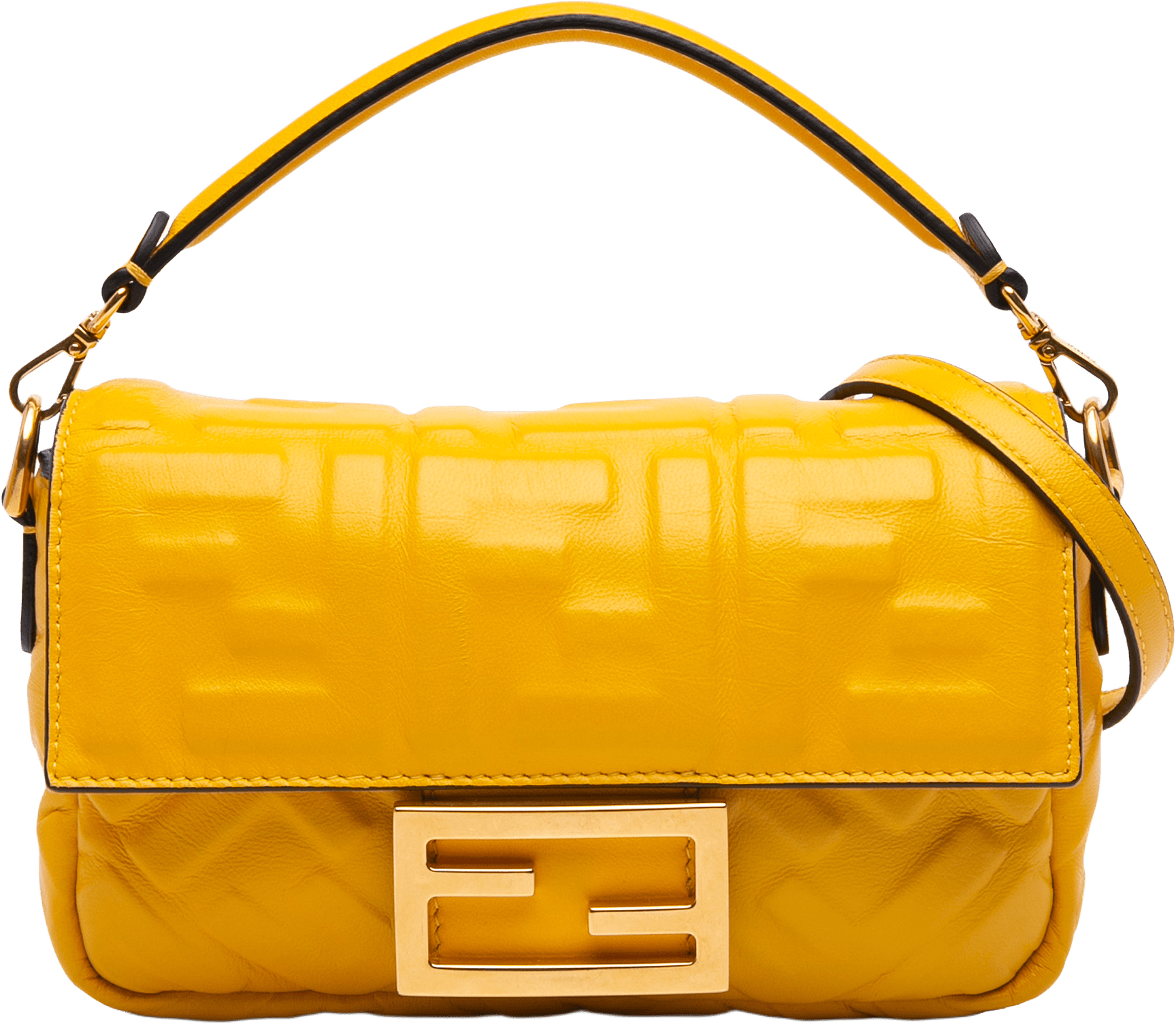 Fendi Mini Zucca Embossed Leather Baguette Satchel, från Luxclusif, i färgen mustard.