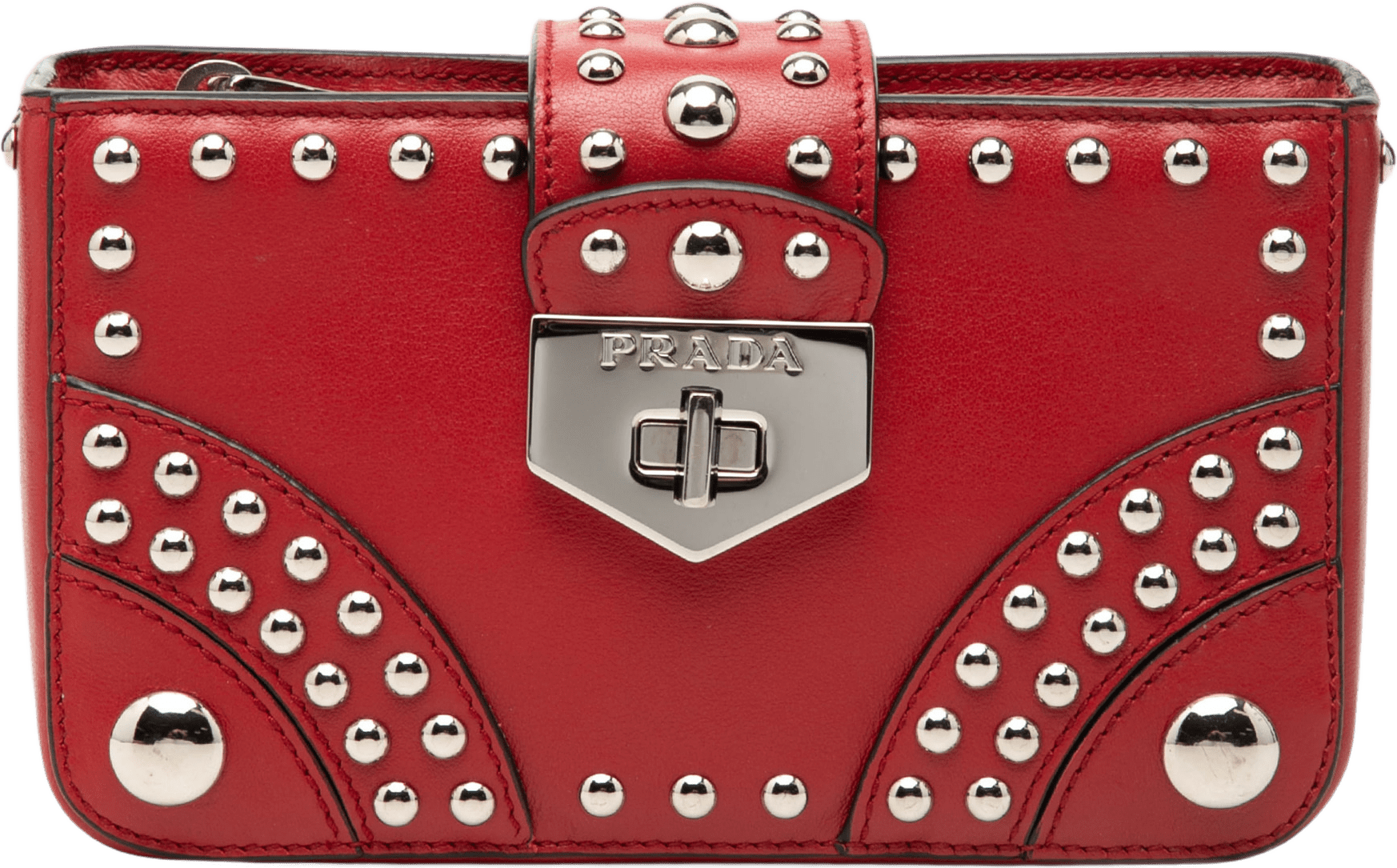 Prada City Calfskin Studded Elektra Turn Lock Clutch, från Luxclusif, i färgen röd.