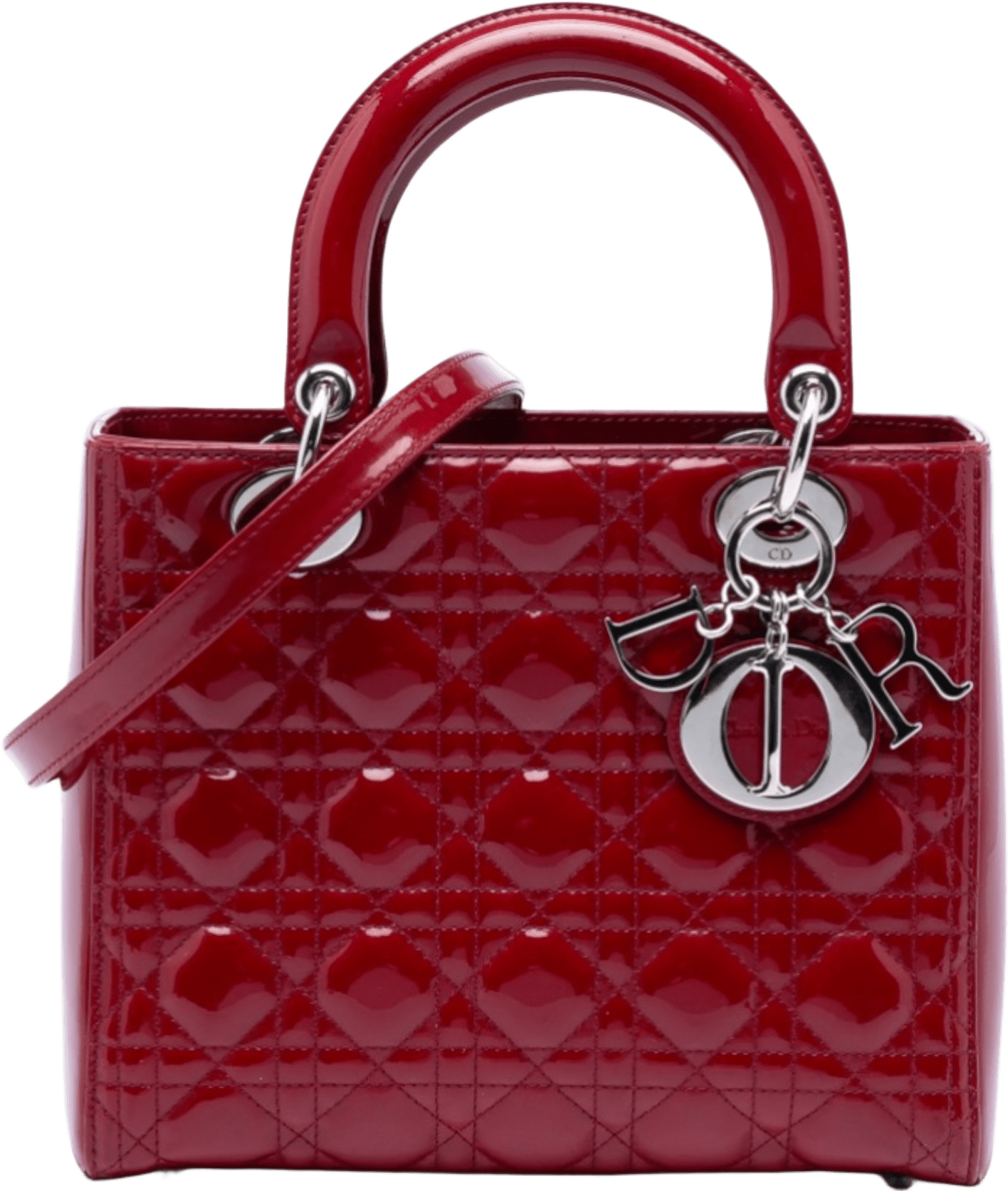 Dior Medium Patent Cannage Lady Dior, från Luxclusif, i färgen dark red.