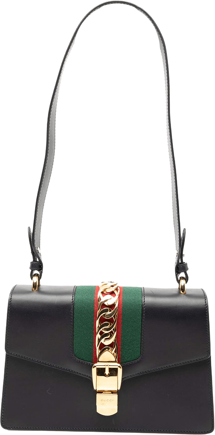 Gucci Small Leather Web Sylvie Satchel, från Luxclusif, i färgen black.