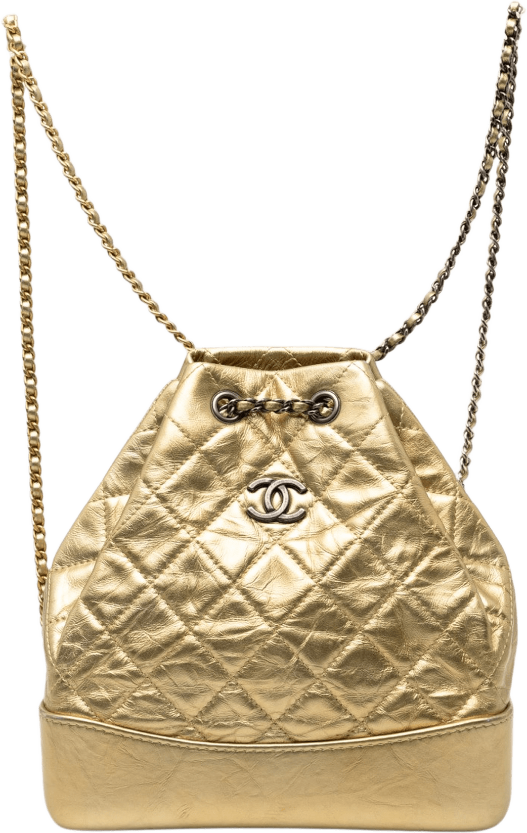 Chanel Small Quilted Metallic Aged Calfskin Gabrielle Backpack, från Luxclusif, i färgen gold.