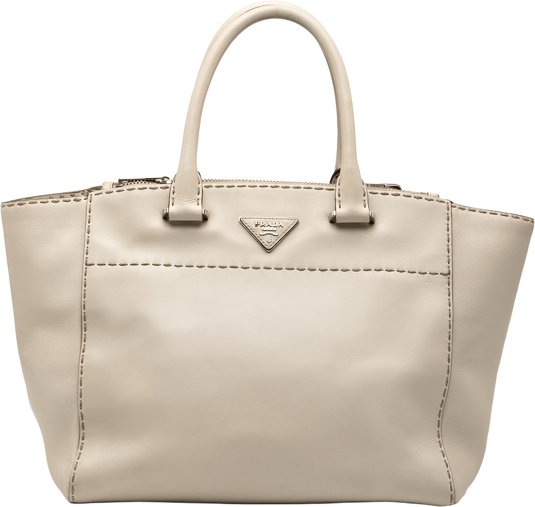 Prada City Calf Stitched Twin Pocket Satchel, från Luxclusif, i färgen light beige.