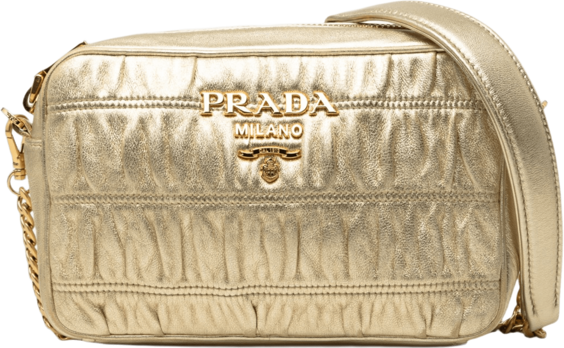 Prada Nappa Gaufre Camera Bag, från Luxclusif, i färgen guld.