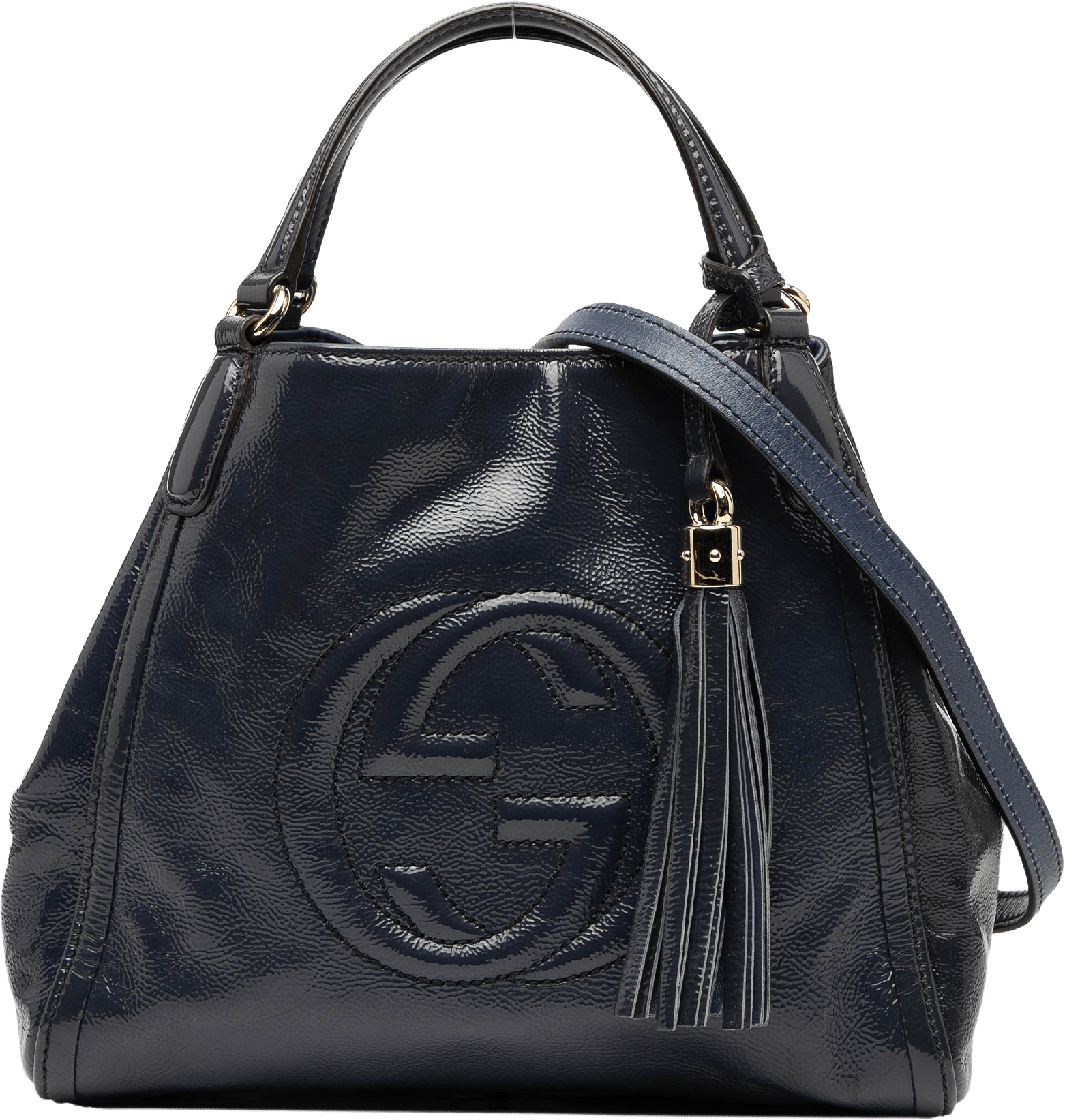 Gucci Small Patent Soho Satchel, från Luxclusif, i färgen navy.