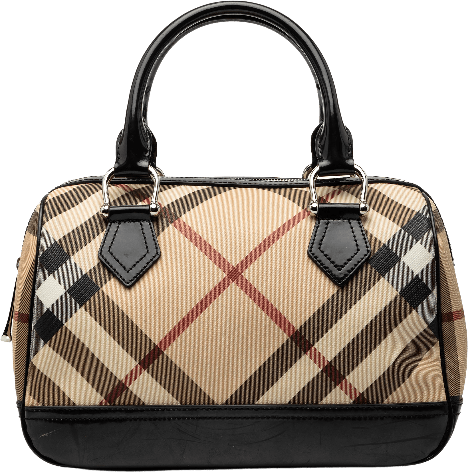 Burberry Supernova Check Coated Canvas Boston Bag, från Luxclusif, i färgen beige.