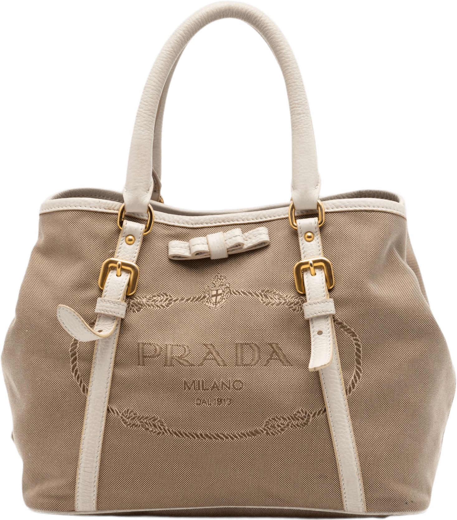 Prada Canvas Canapa Logo Bow Satchel, från Luxclusif, i färgen beige.