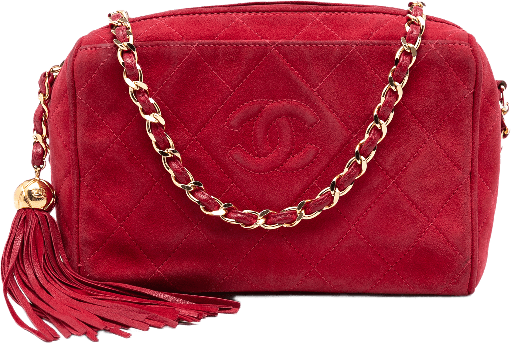 Chanel Cc Quilted Suede Tassel Diamond Camera Bag, från Luxclusif, i färgen röd.