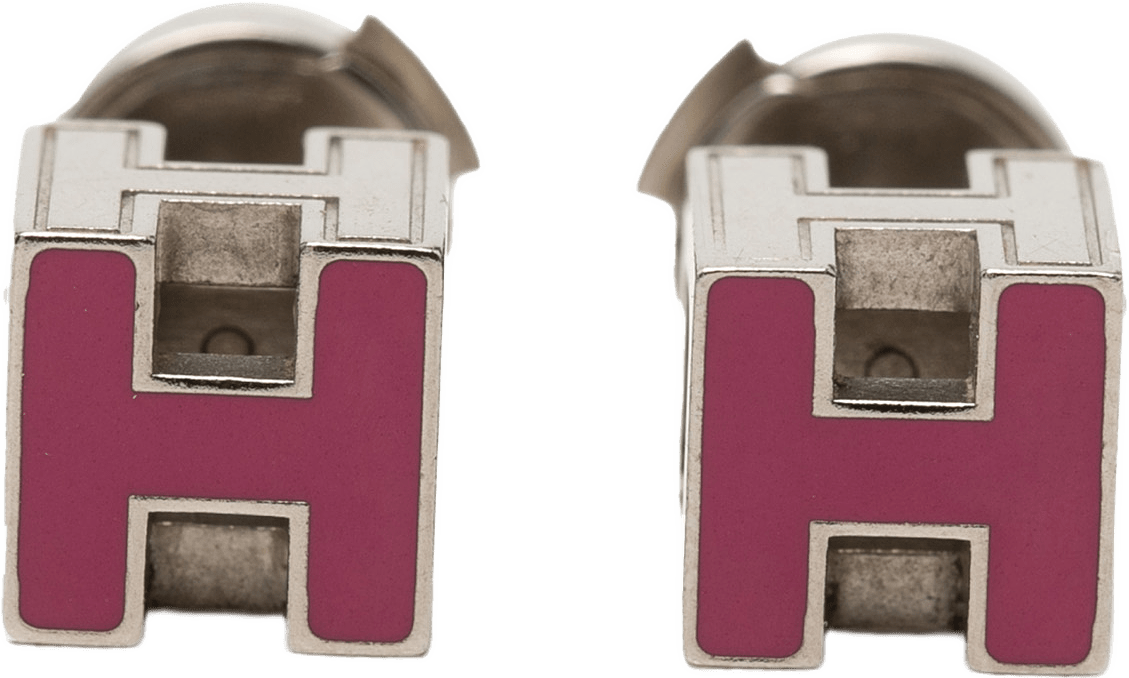 Hermès Palladium Plated Enamel Cage Dh Cube Push Back Earrings, från Luxclusif, i färgen magenta.