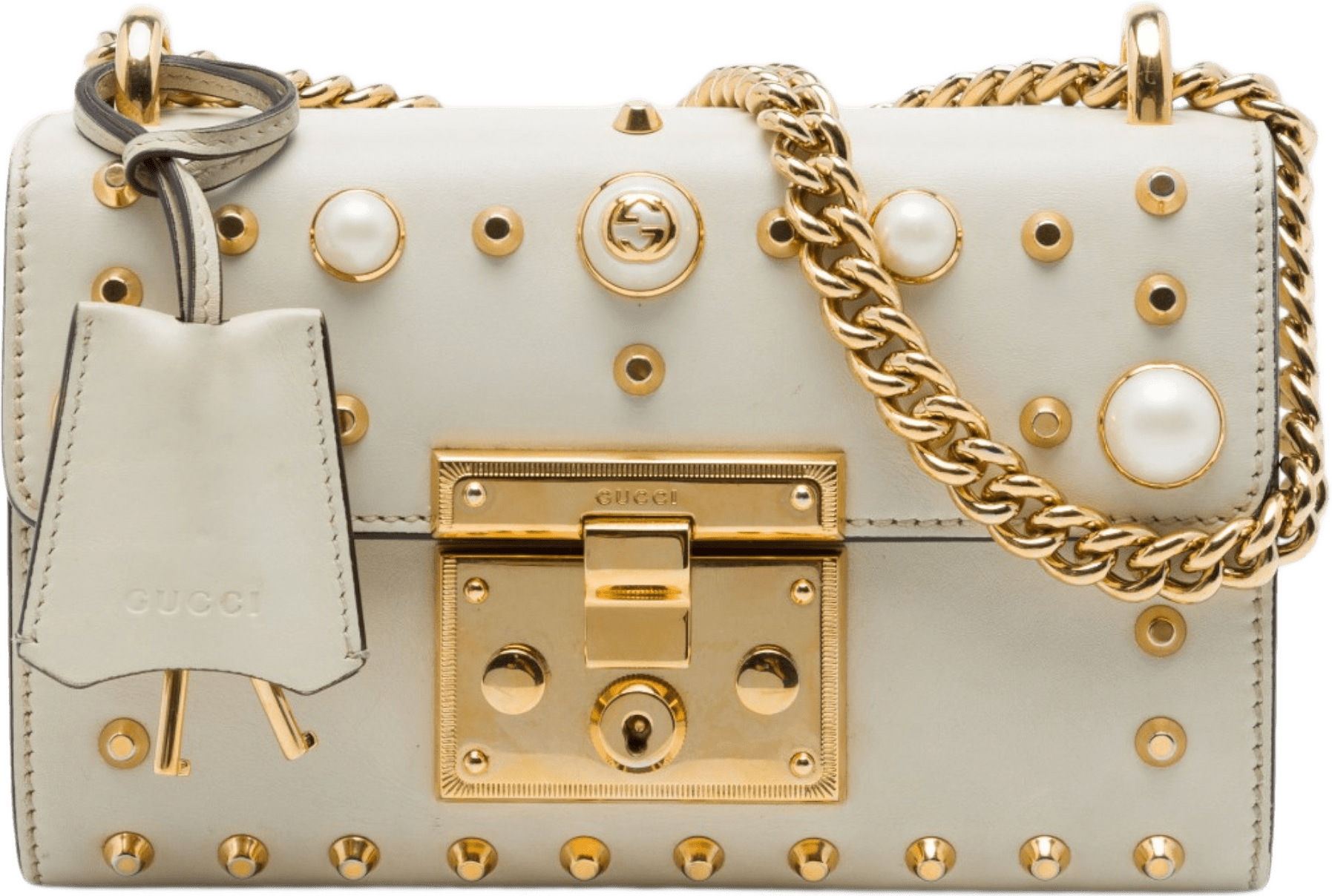 Gucci Small Pearl Studded Leather Padlock Crossbody, från Luxclusif, i färgen vit.