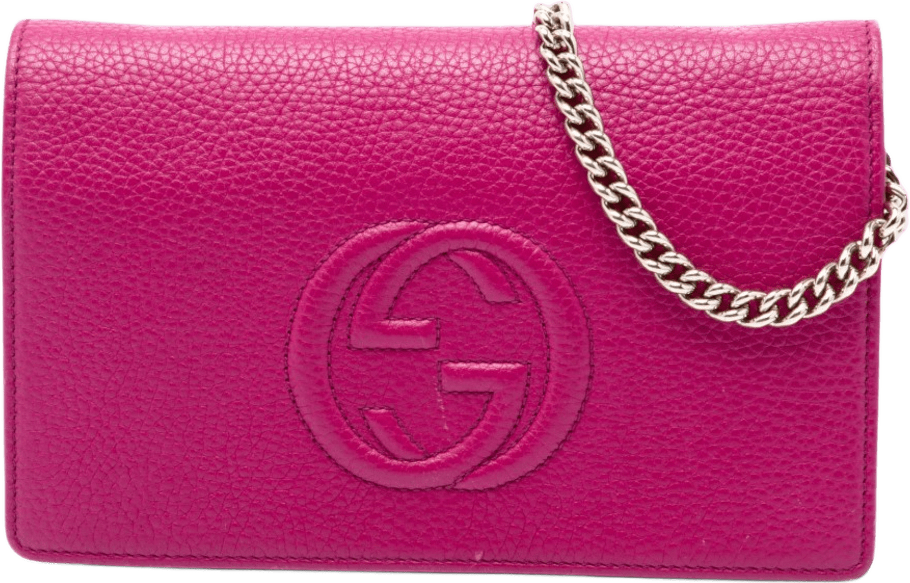 Gucci Pebbled Calfskin Soho Wallet On Chain, från Luxclusif, i färgen rosa.