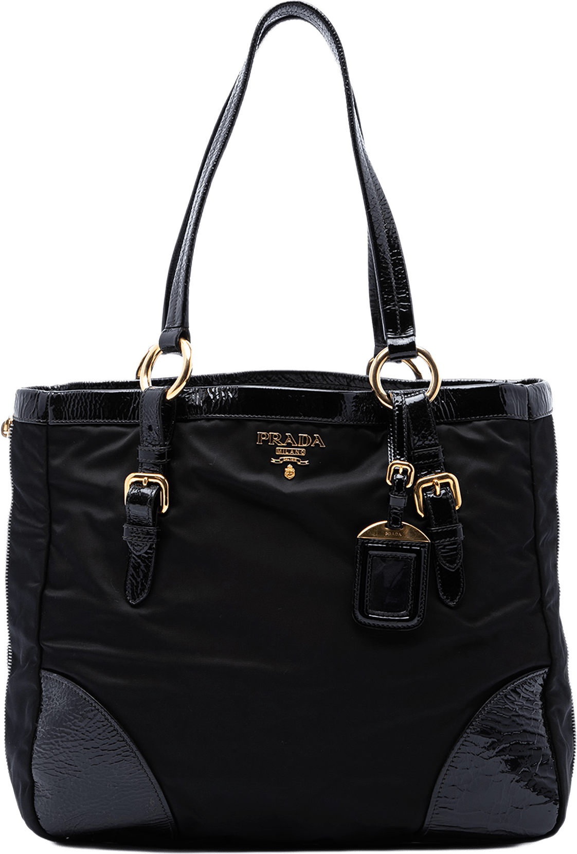 Prada Patent Trimmed Tessuto Expandable Zip Around Tote, från Luxclusif, i färgen svart.