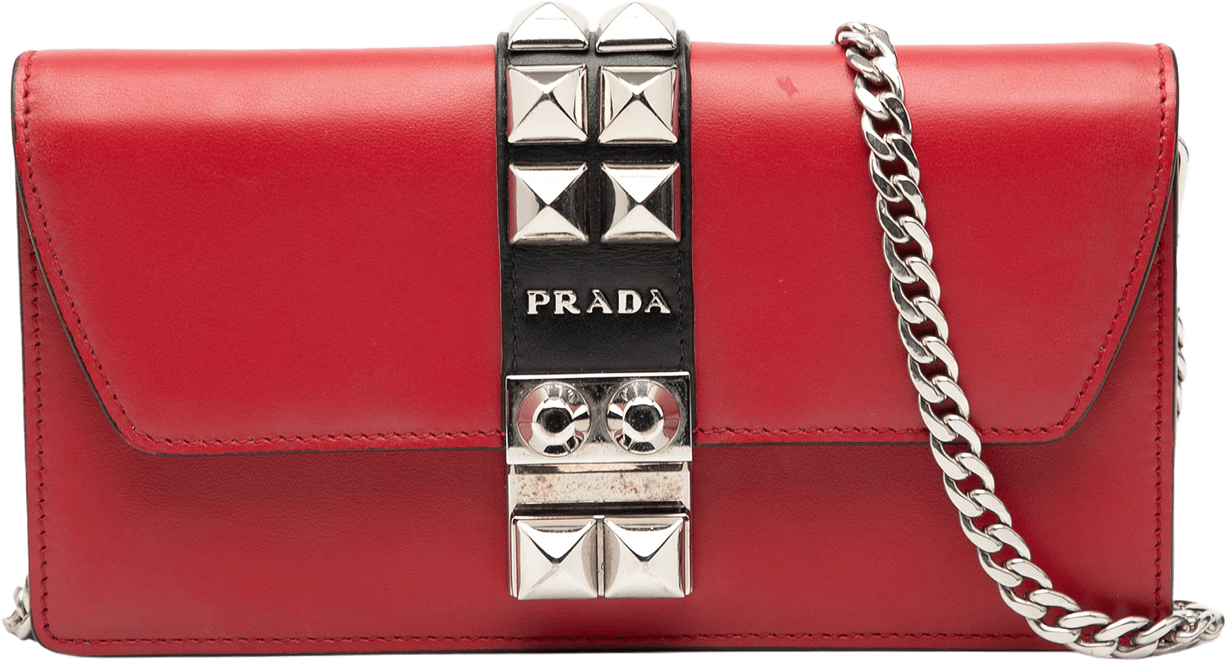 Prada City Calfskin Studded Elektra Clutch With Chain, från Luxclusif, i färgen red.