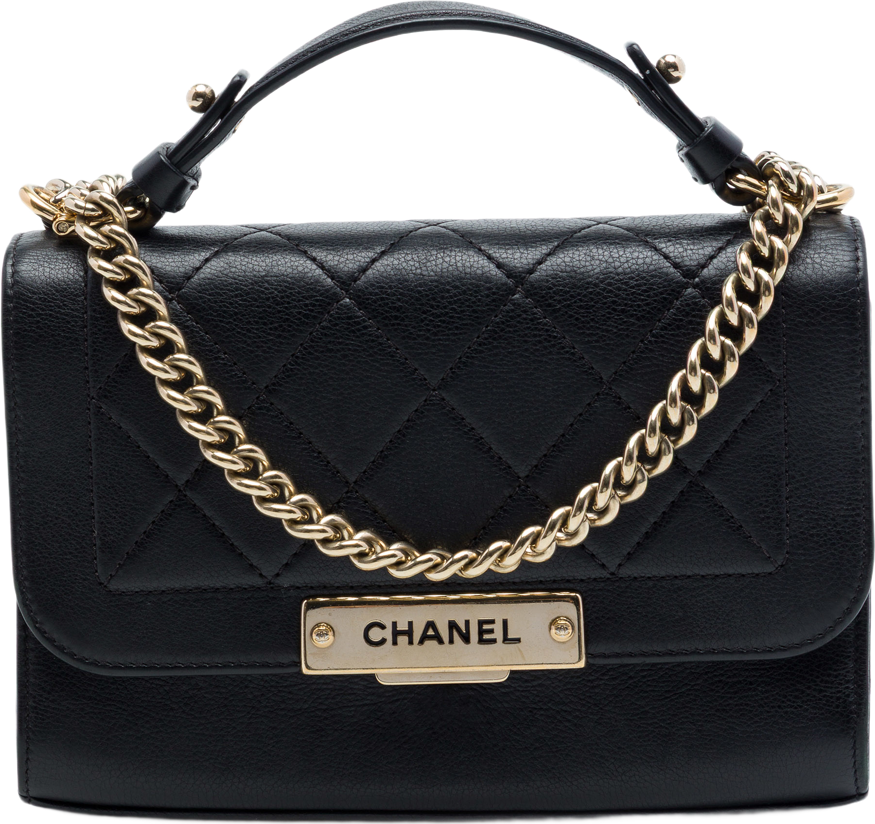 Chanel Small Quilted Grained Calfskin Label Click Flap, från Luxclusif, i färgen svart.