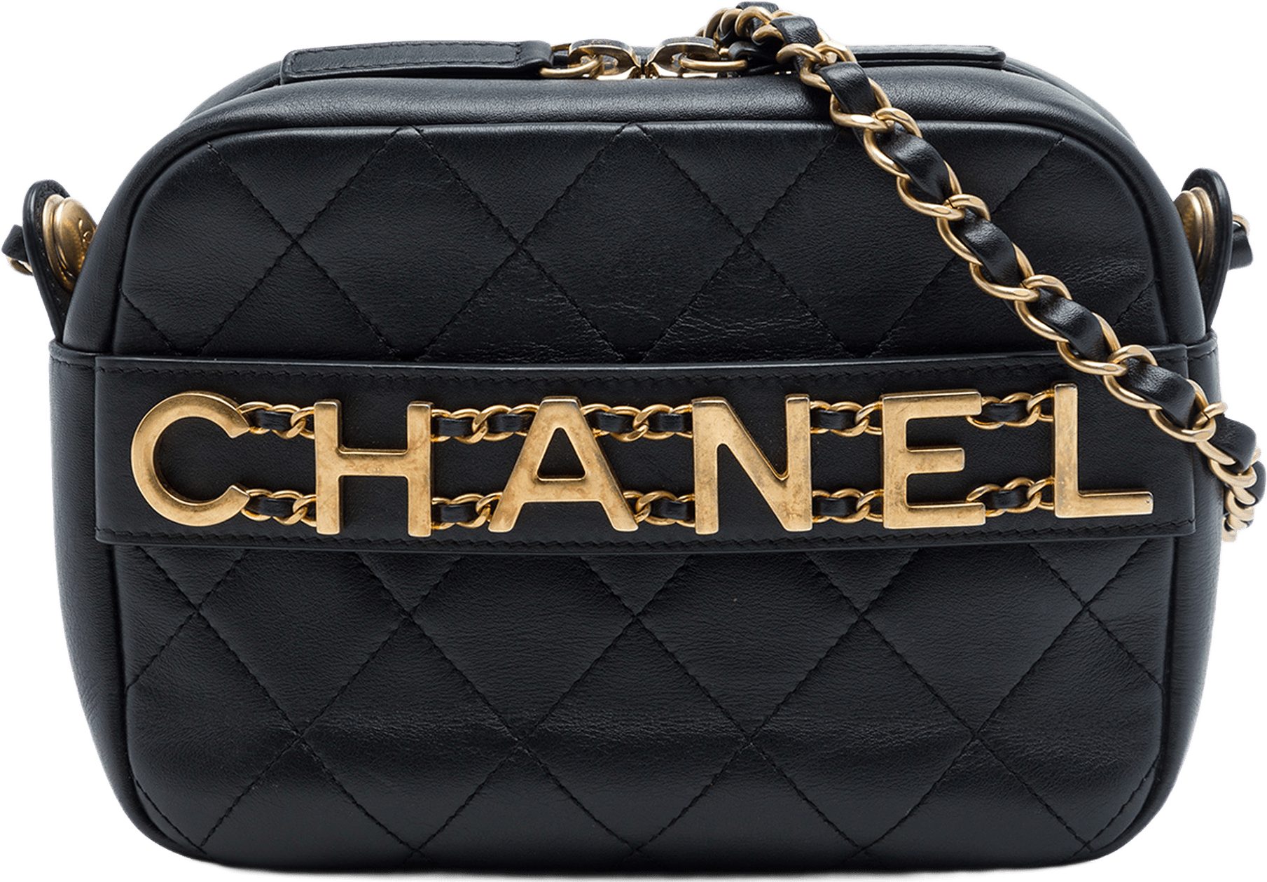 Chanel Quilted Calfskin Logo Enchained Camera Bag, från Luxclusif, i färgen svart.