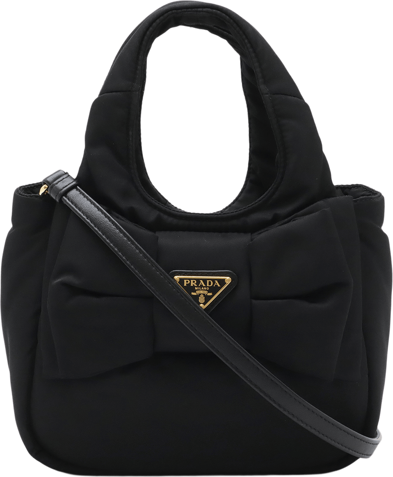 Prada Mini Padded Re Nylon Bow Satchel, från Luxclusif, i färgen svart.