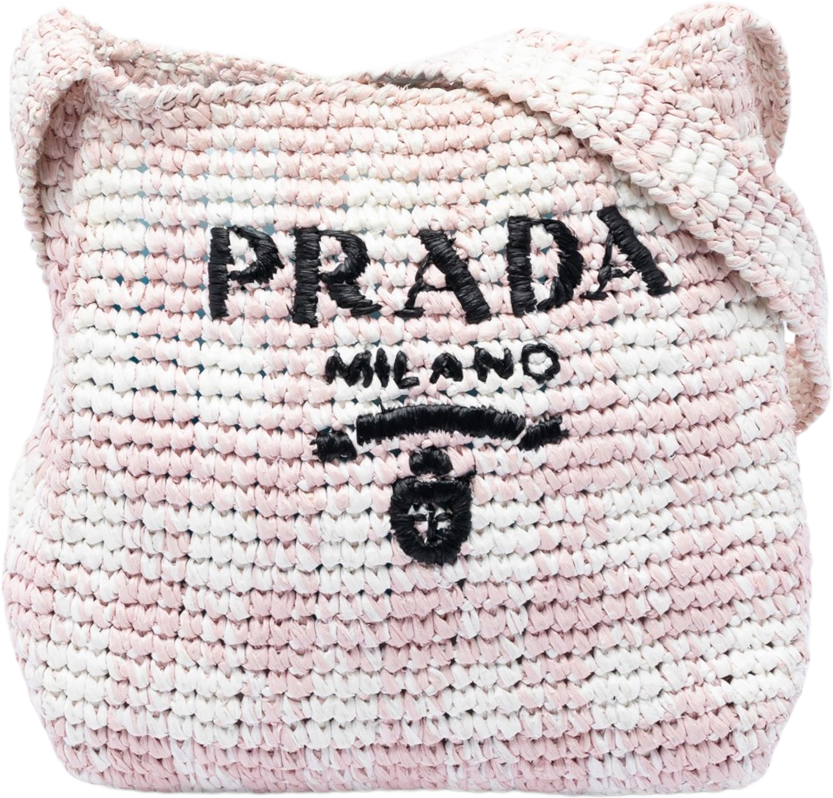 Prada Raffia Effect Crochet Embroidered Logo Crossbody, från Luxclusif, i färgen rosa.