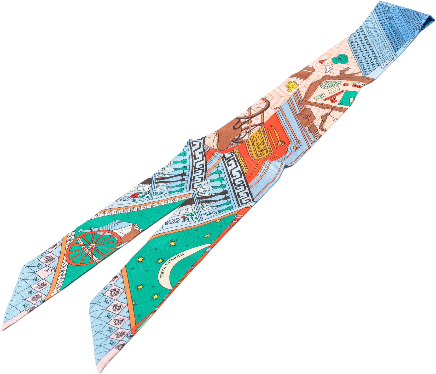 Hermès Objets De Curiosite Silk Twilly Scarf, från Luxclusif, i färgen light blue.