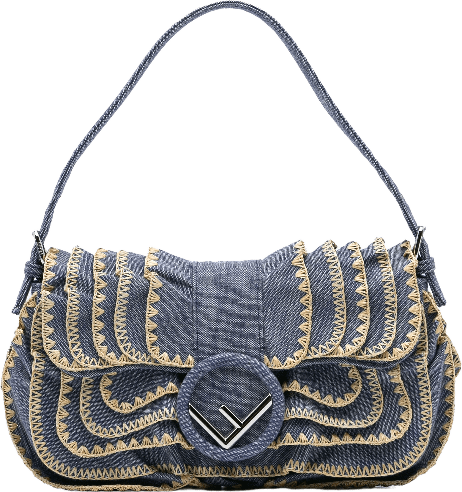 Fendi Embroidered Denim Ruffled F Is Fendi Kan I Baguette, från Luxclusif, i färgen blue.