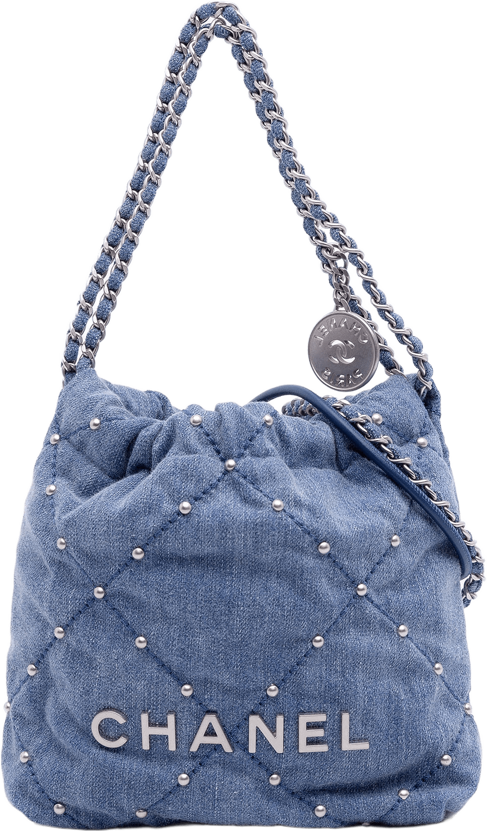 Chanel Mini Denim Studded 22 Handbag, från Luxclusif, i färgen denim.