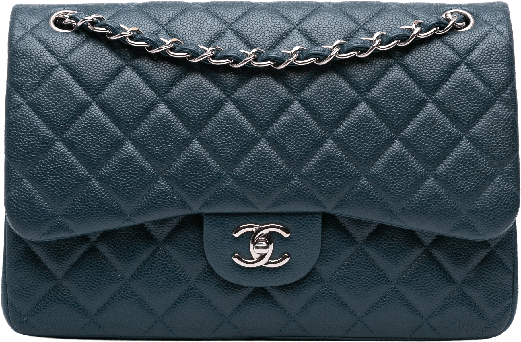 Chanel Jumbo Classic Iridescent Caviar Double Flap, från Luxclusif, i färgen dark blue.