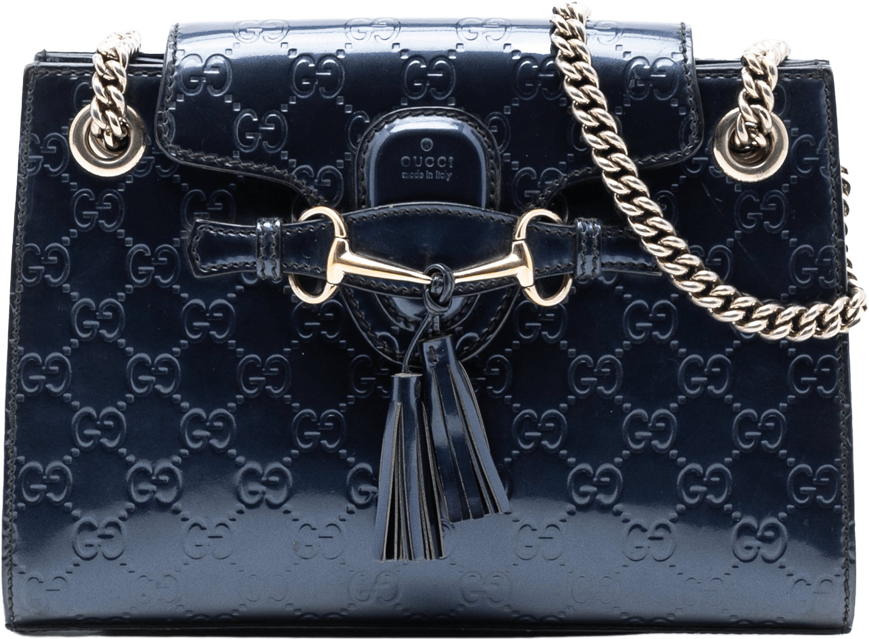 Gucci Small Guccissima Patent Emily Shoulder Bag, från Luxclusif, i färgen navy.