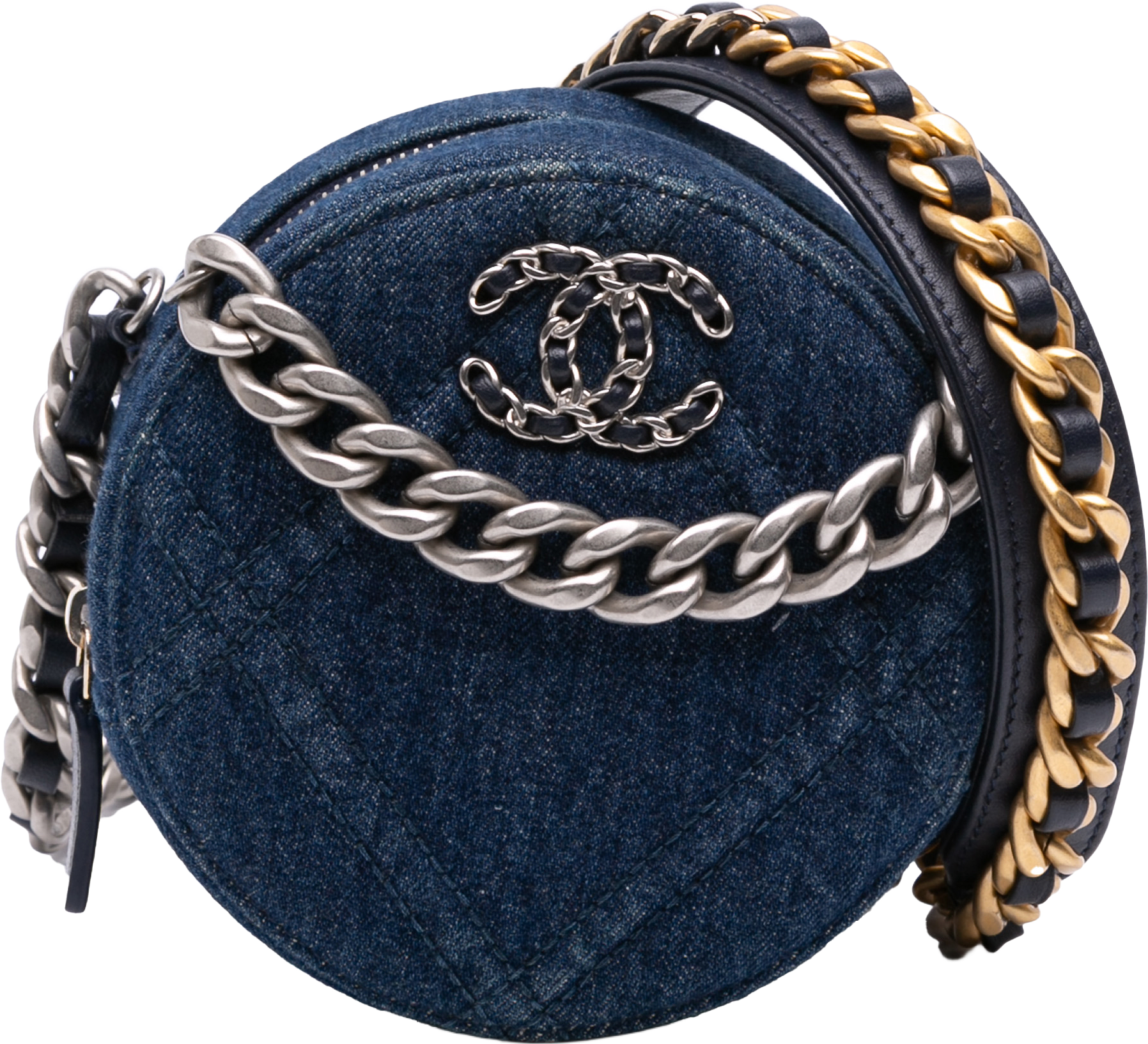 Chanel Denim 19 Round Clutch With Chain, från Luxclusif, i färgen denim.