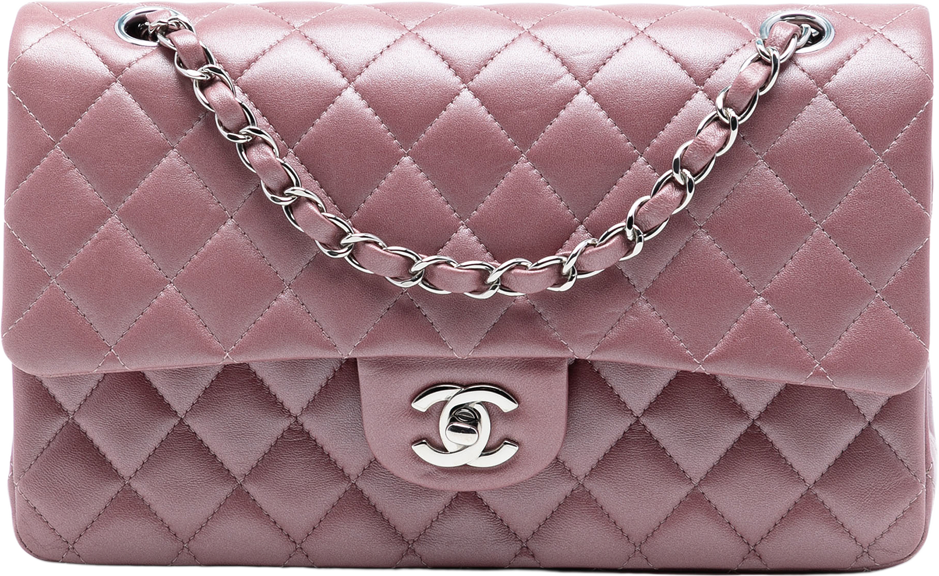 Chanel Medium Metallic Classic Lambskin Double Flap, från Luxclusif, i färgen rose gold.