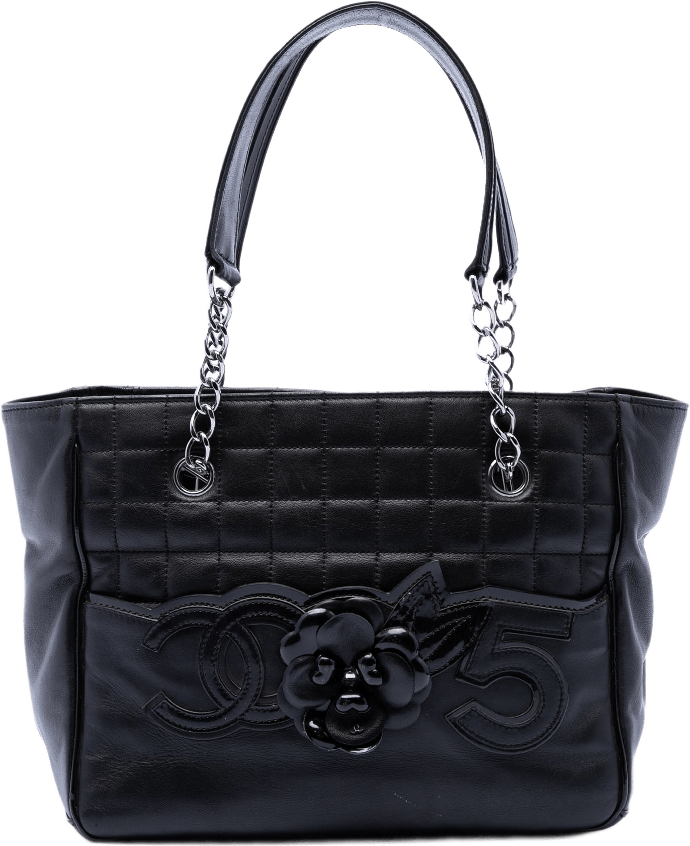 Chanel Cc Choco Bar Lambskin Camellia No 5 Tote, från Luxclusif, i färgen black.