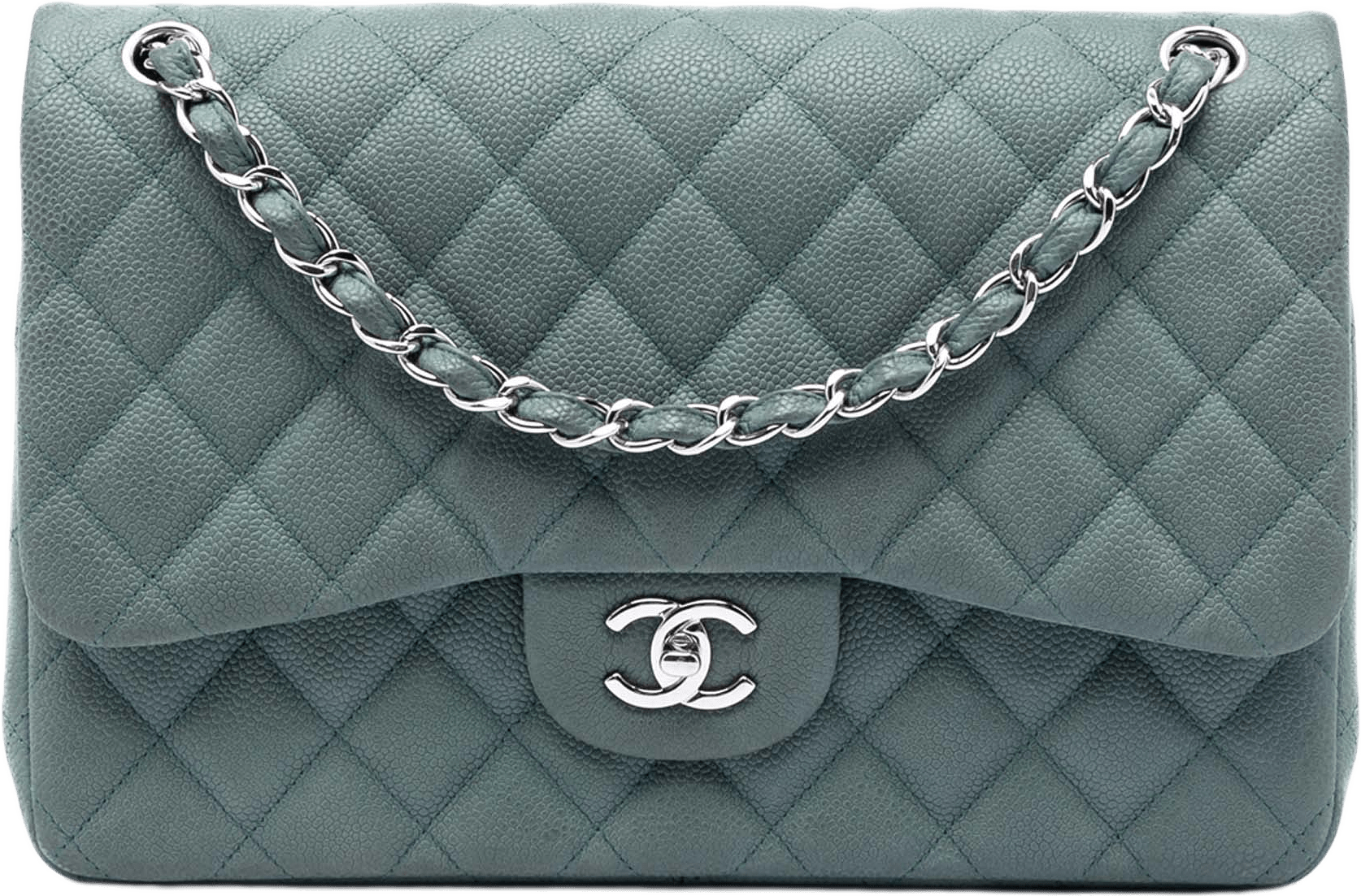 Chanel Jumbo Classic Iridescent Caviar Double Flap, från Luxclusif, i färgen turquoise.