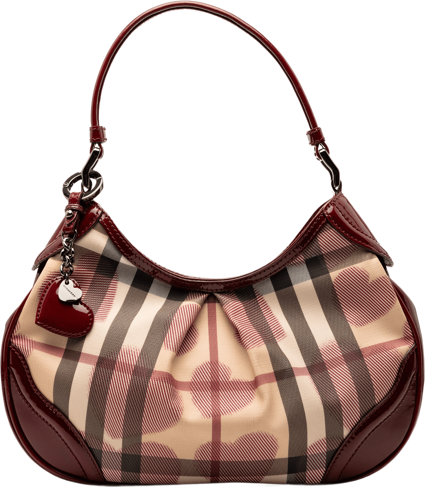 Burberry Small Nova Check Coated Canvas Hearts Hernville Hobo, från Luxclusif, i färgen beige.