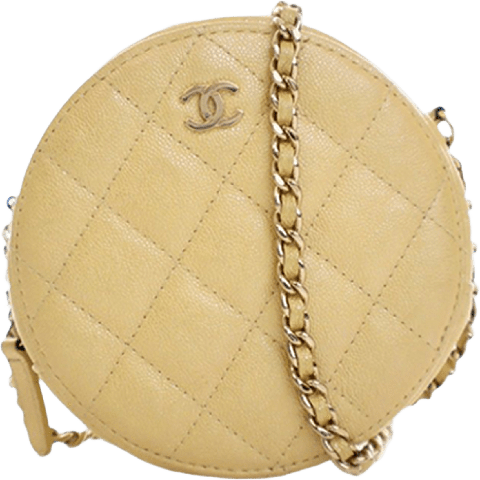 Chanel Cc Quilted Caviar Round Clutch With Chain, från Luxclusif, i färgen light yellow.