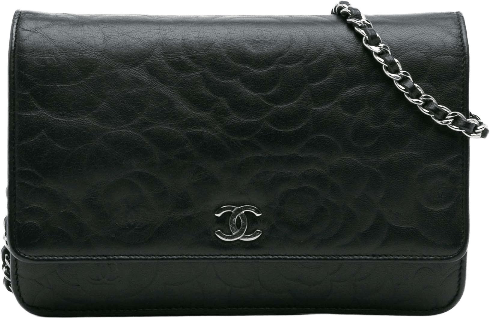 Chanel Camellia Embossed Lambskin Wallet On Chain, från Luxclusif, i färgen black.
