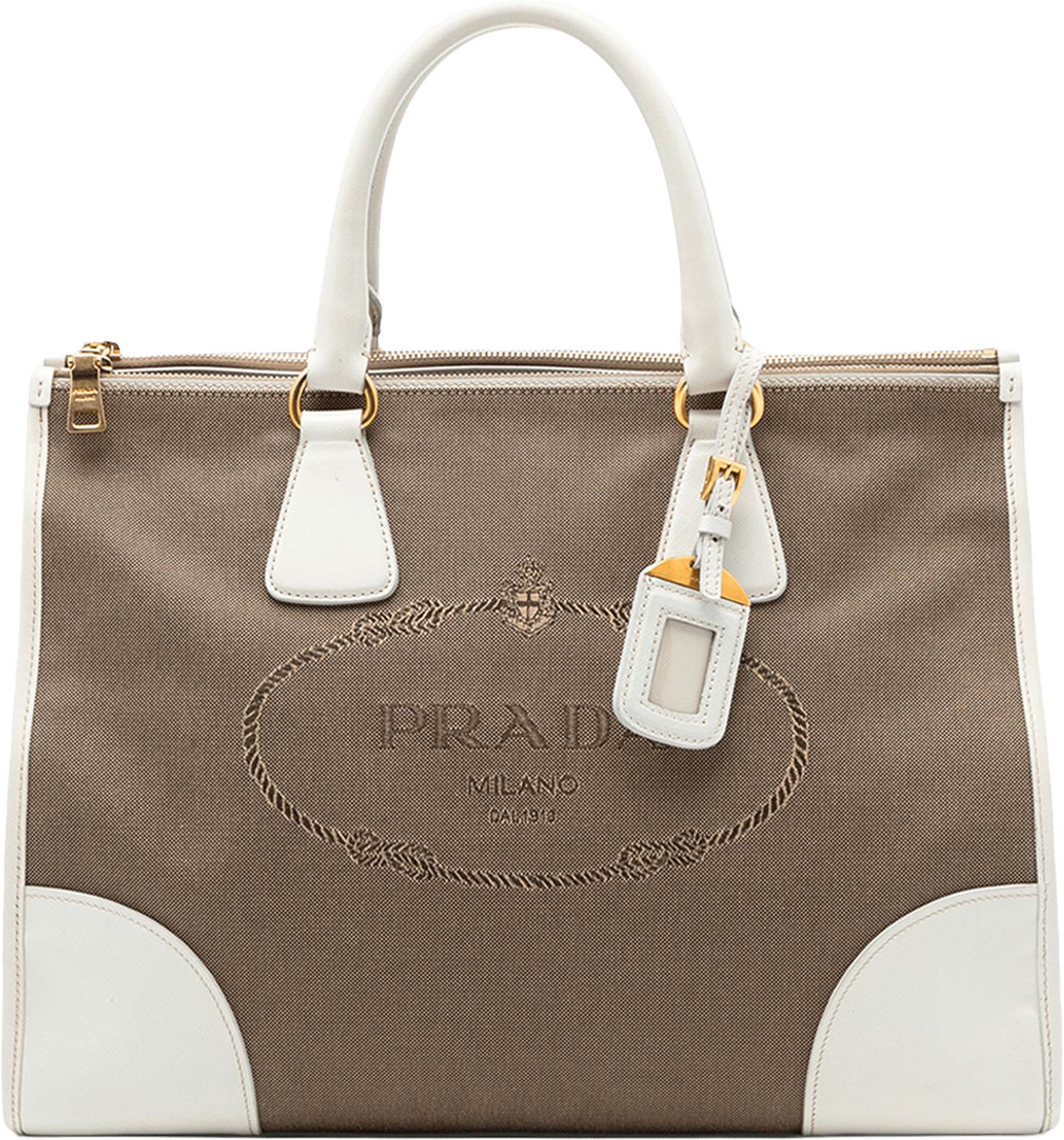 Prada Saffiano Trimmed Canvas Canapa Logo Double Zip Satchel, från Luxclusif, i färgen light brown.