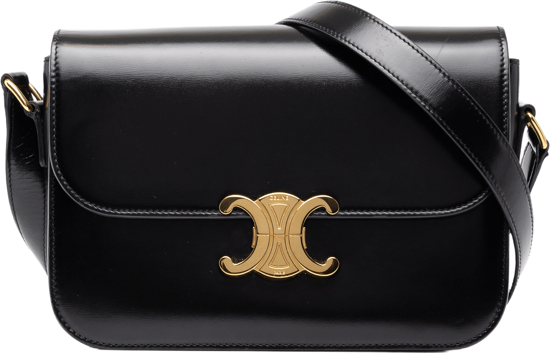 Celine Classique Shiny Calfskin Triomphe Crossbody, från Luxclusif, i färgen svart.