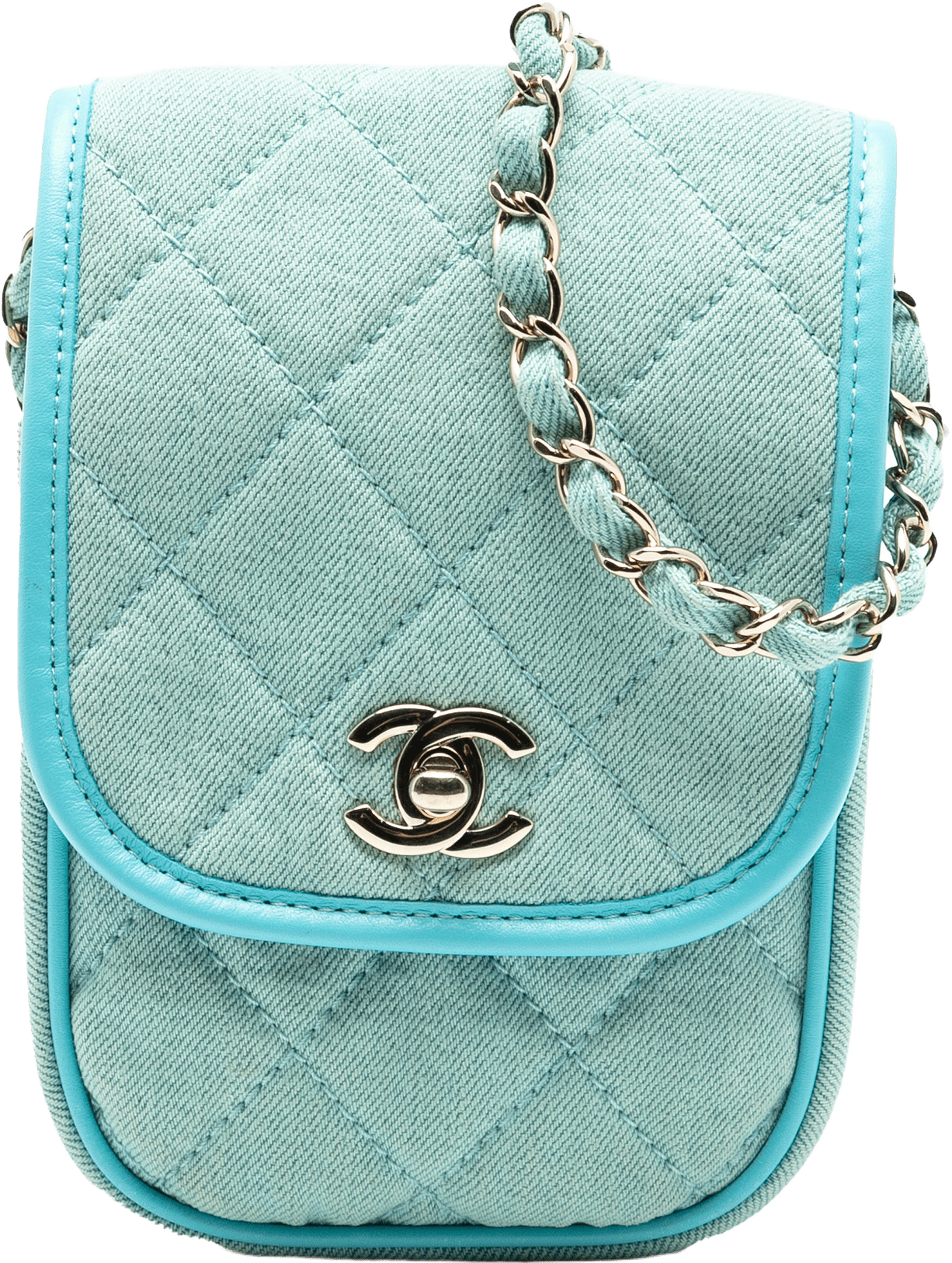 Chanel Mini Cc Quilted Denim Crossbody, från Luxclusif, i färgen turquoise.