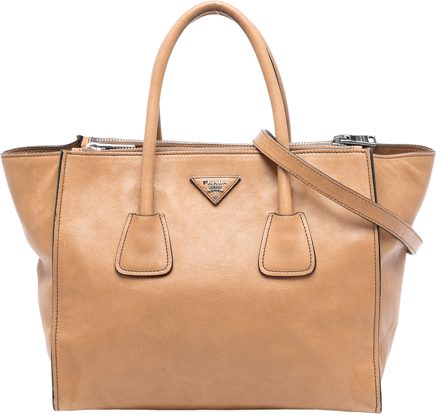 Prada Glace Calf Twin Pocket Double Handle Satchel, från Luxclusif, i färgen light brown.
