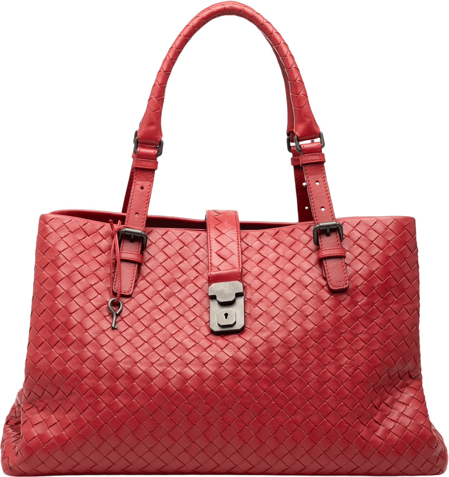 Bottega Veneta Medium Nappa Intrecciato Roma Tote, från Luxclusif, i färgen red.