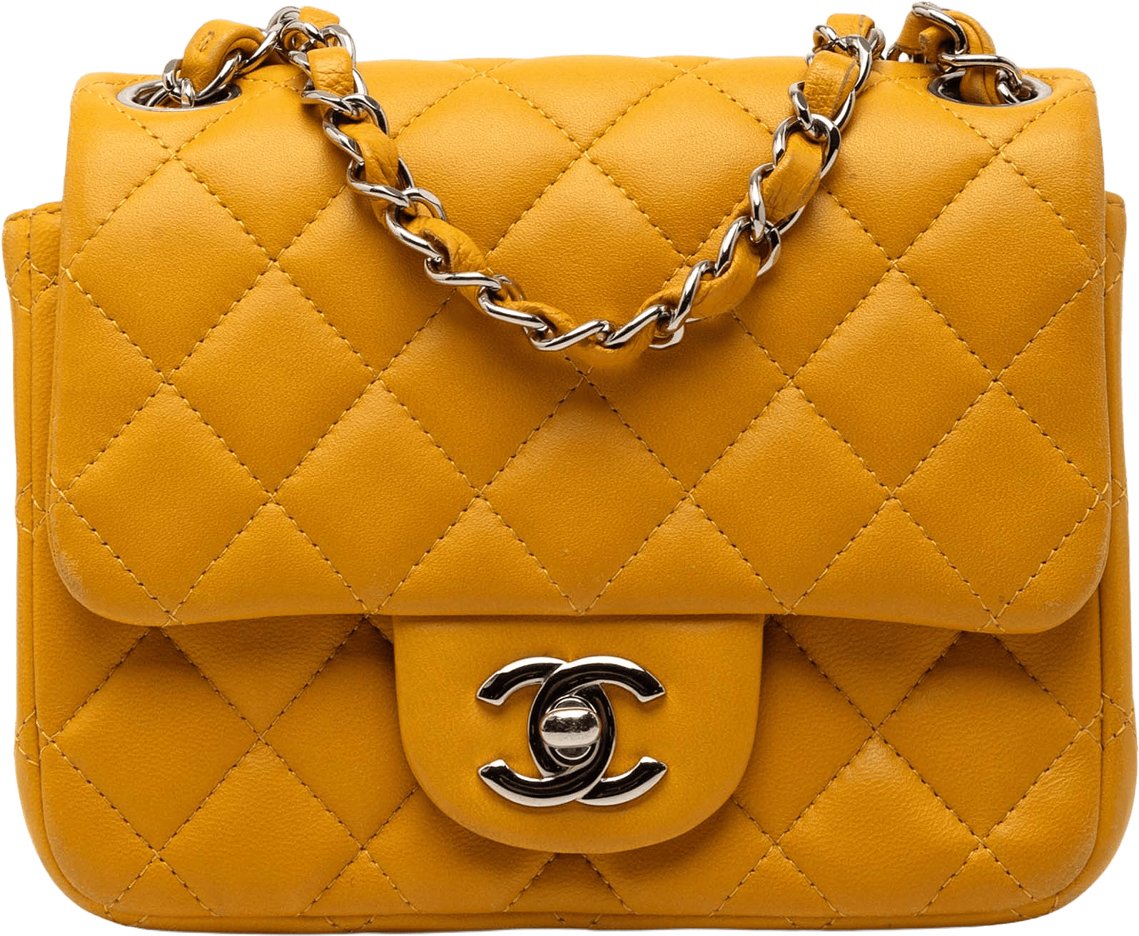 Chanel Mini Square Classic Lambskin Single Flap, från Luxclusif, i färgen mustard.