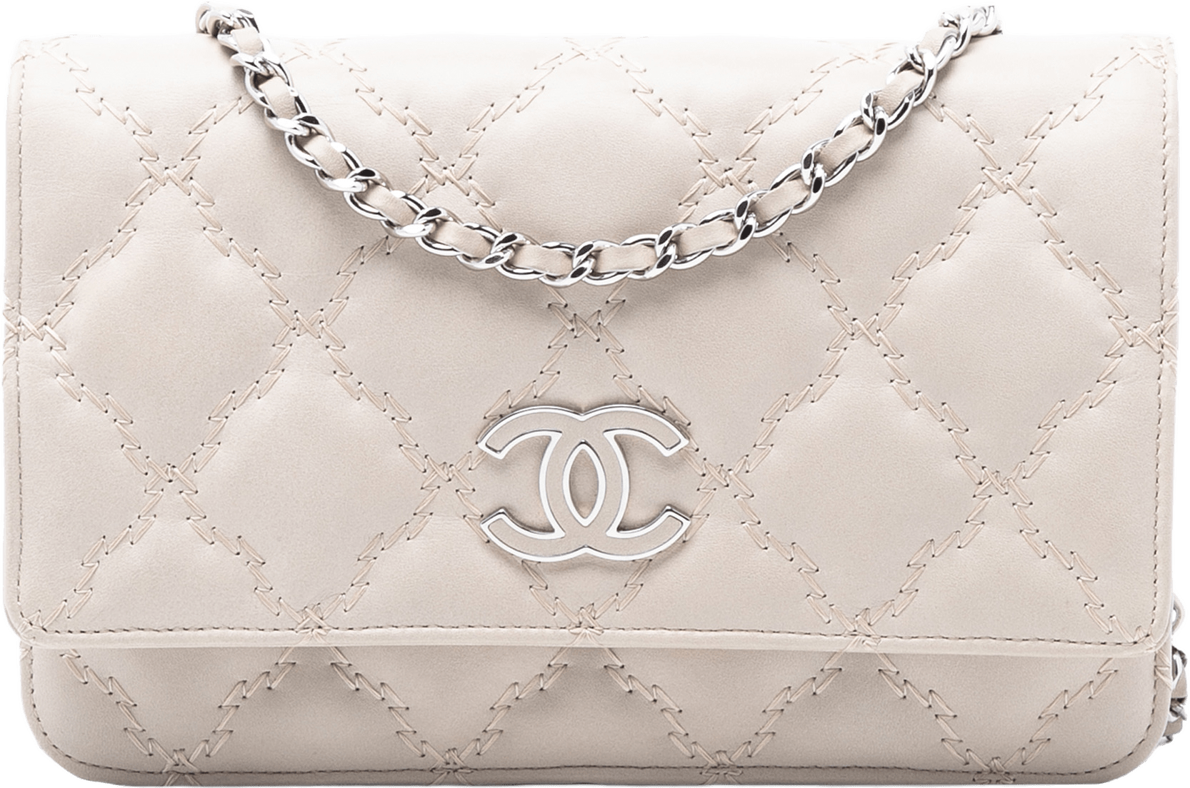 Chanel Cc Quilted Calfskin Double Stitch Hamptons Wallet On Chain, från Luxclusif, i färgen light beige.
