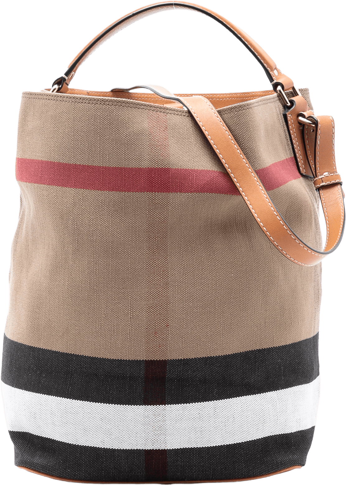 Burberry Medium Mega Check Canvas Ashby Bucket Bag, från Luxclusif, i färgen light brown.