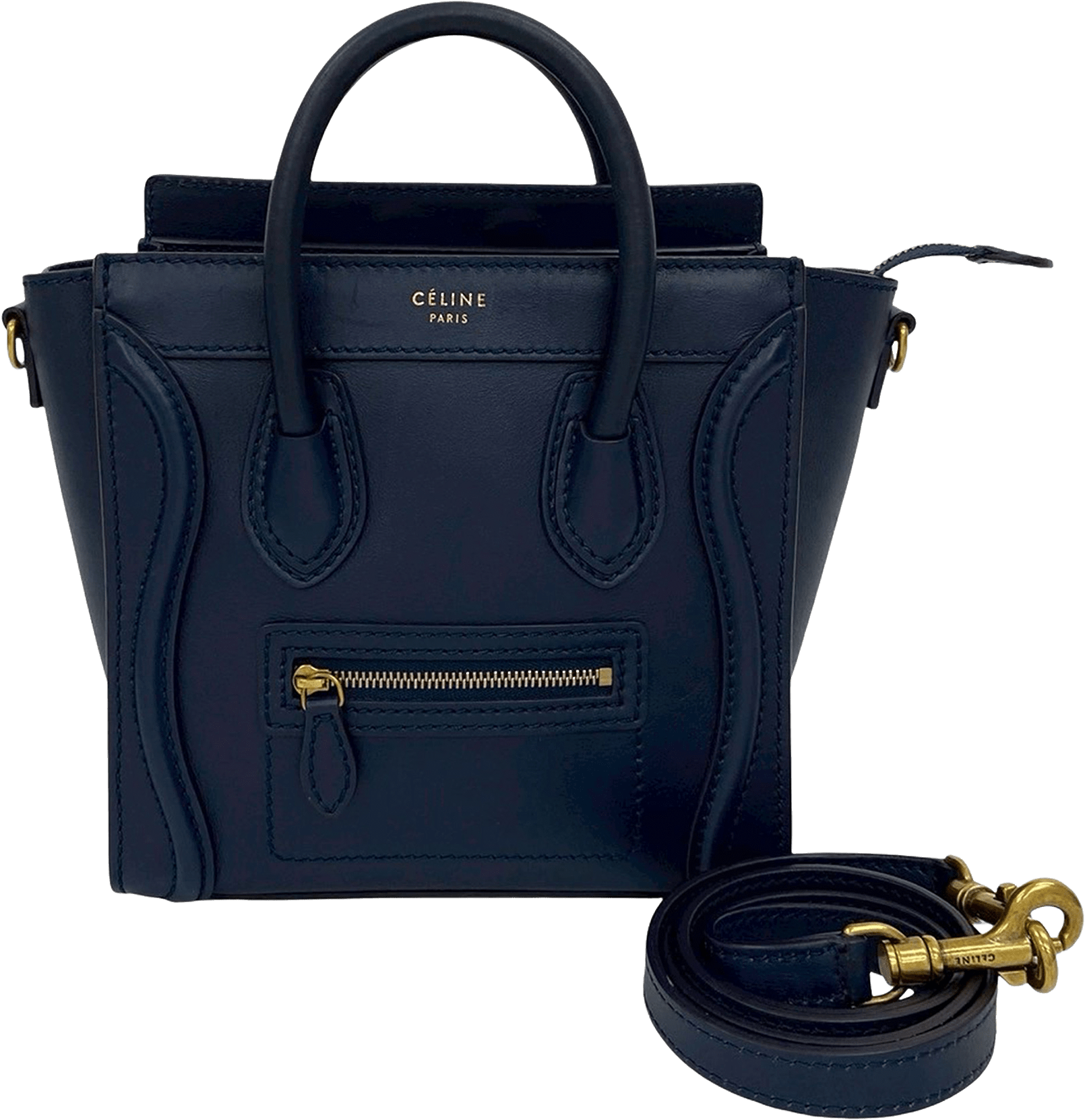 Celine Nano Leather Luggage Tote, från Luxclusif, i färgen navy.