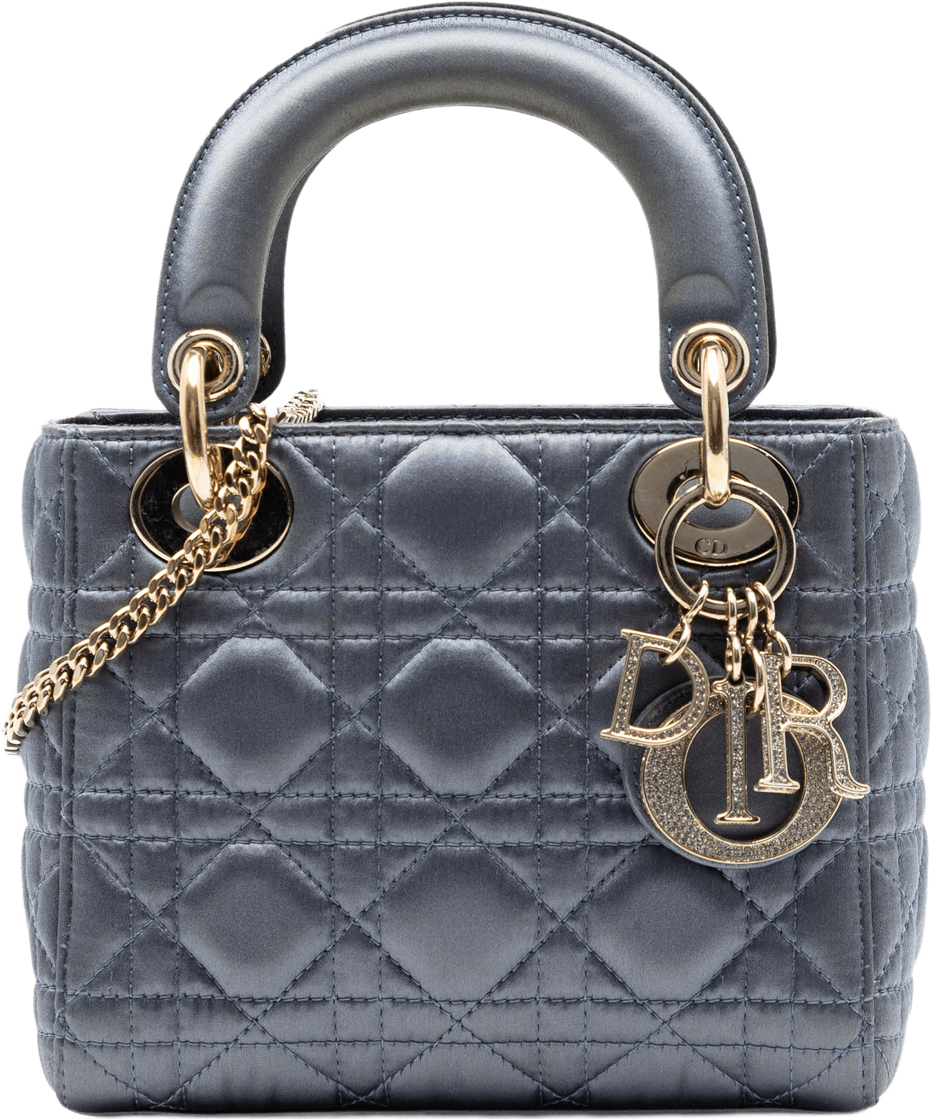 Dior Mini Satin Cannage Swarovski Crystal Lady Dior, från Luxclusif, i färgen gray.