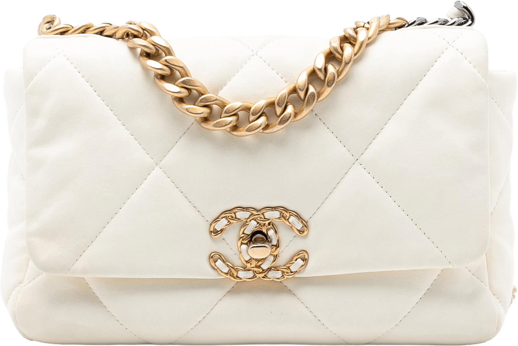 Chanel Medium Lambskin 19 Flap, från Luxclusif, i färgen white.