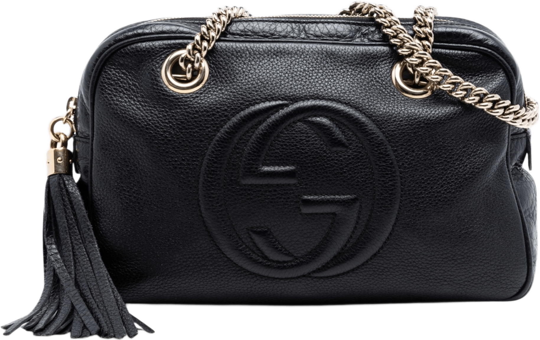 Gucci Pebbled Leather Soho Chain Zip Shoulder Bag, från Luxclusif, i färgen black.