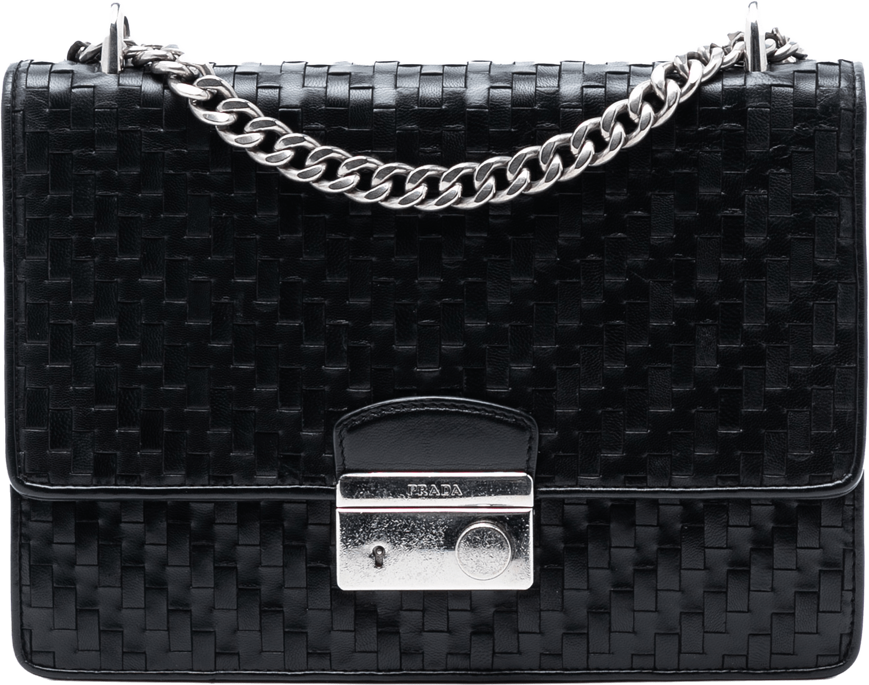 Prada Woven Madras Leather Chain Flap Bag, från Luxclusif, i färgen black.