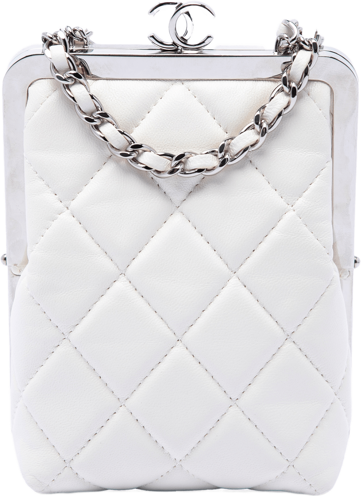 Chanel Cc Quilted Acrylic And Lambskin Evening Clutch With Chain, från Luxclusif, i färgen vit.