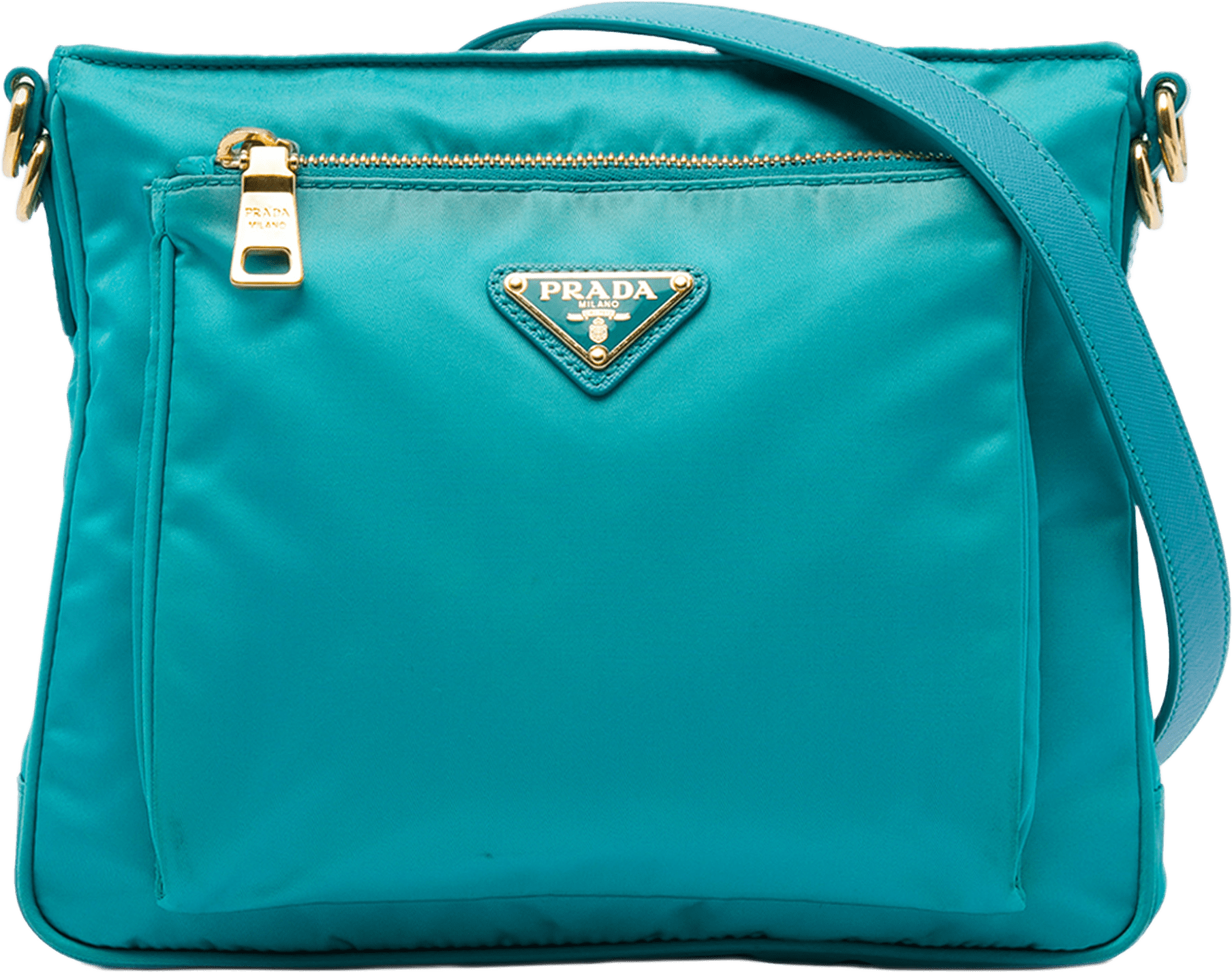 Prada Saffiano Trimmed Tessuto Zip Top Crossbody, från Luxclusif, i färgen blå.